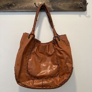 NICE Gianni Bini Large Tan Lambskin Leather Hippie Hobo w/ Braided Handle